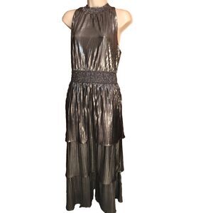 NWT Addison Evening Silver Metallic Dress Size 14 High Neck Glamour Maxi Formal